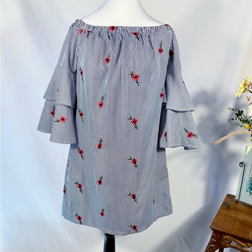 Betsey Johnson Off Shoulder Navy Stripe Embroidered Ruffle Sleeve Dress Sz 6💛 - Picture 11 of 11